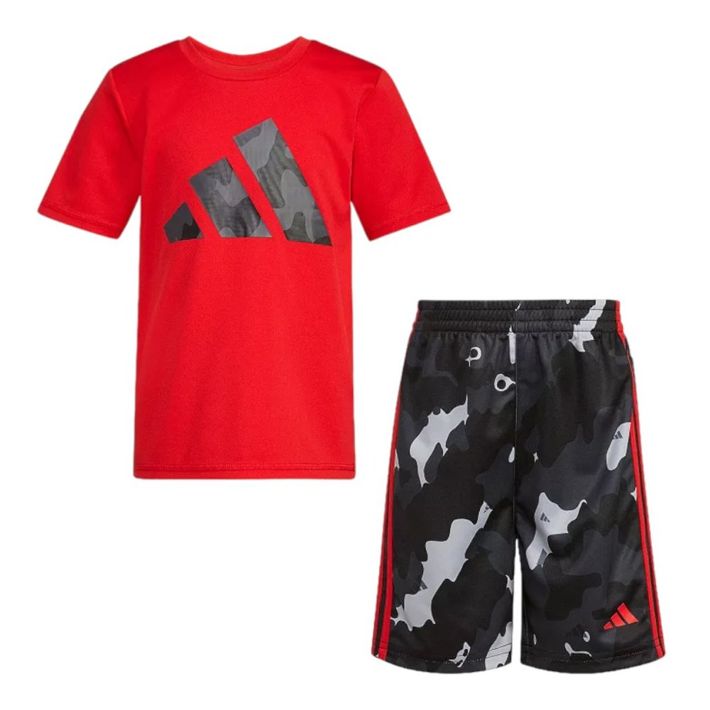 Adidas Boy's Outfit T-Shirt Tee & Shorts big Logo Size 7 color black and red
